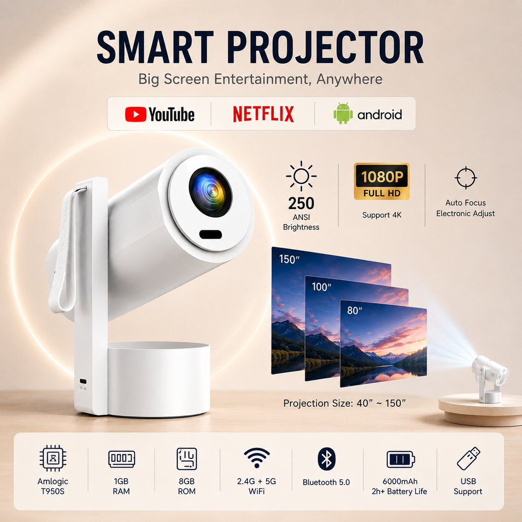 Portable Full HD 1080P Projector/Beamer with Android , Auto Focus and Built-in Battery