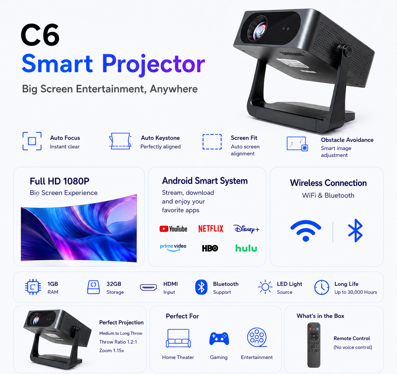 1080P Full HD Smart Projector / Beamer – Auto Focus & 300 ANSI Lumens