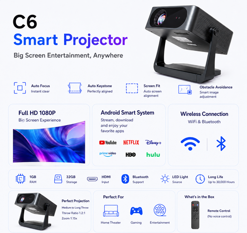 1080P Full HD Smart Projector / Beamer – Auto Focus & 300 ANSI Lumens