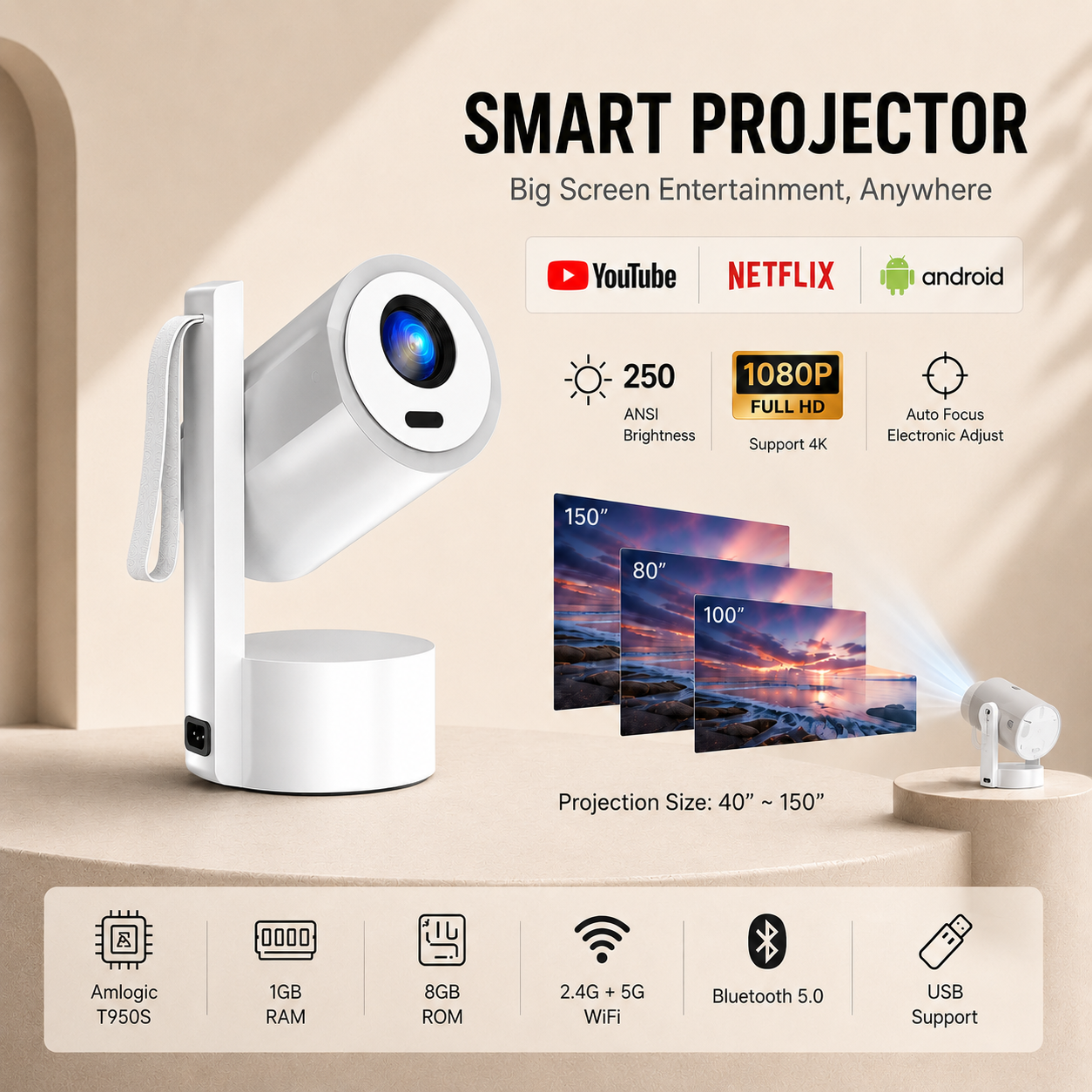 Portable Full HD 1080P Projector/Beamer with Android , Auto Focus or Electric Focus