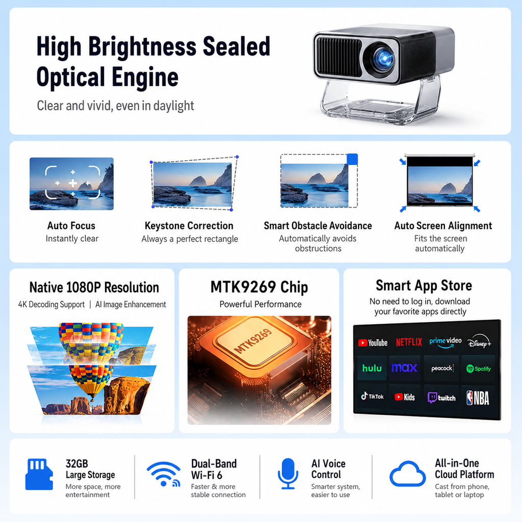 1080P Full HD Smart Projector / Beamer – Auto Focus & 300 ANSI Lumens
