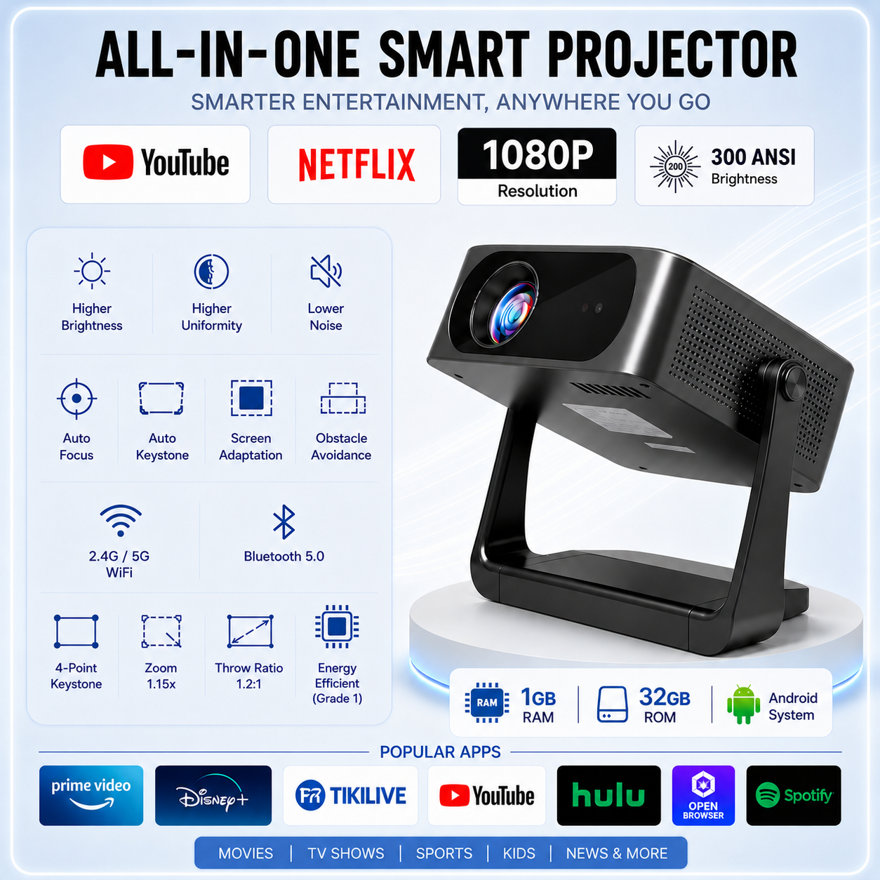 1080P Full HD Smart Projector / Beamer – Auto Focus & 300 ANSI Lumens
